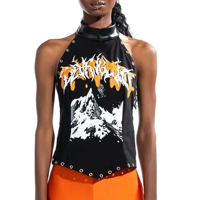 Hot sale sleeveless vegan leather mock neck open back screen printed sexy women tank top with back button