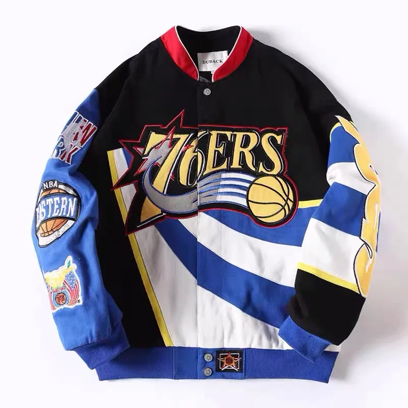 Customized vintage embroidered logo patch sports cotton motorcycle riding jacket oversized nascar bomber racing jacket
