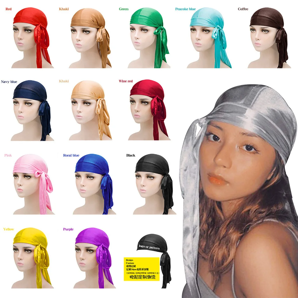 Cheap high quality  silk long tail headscarf halo turban hat for men and women Silk Pirate neutral wind headscarf hat