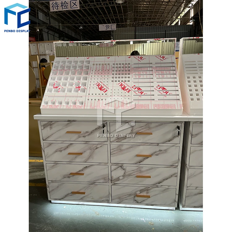 Custom Wooden Wall Cosmetic Shelves Display Cabinet And Makeup Display Wall Showcase