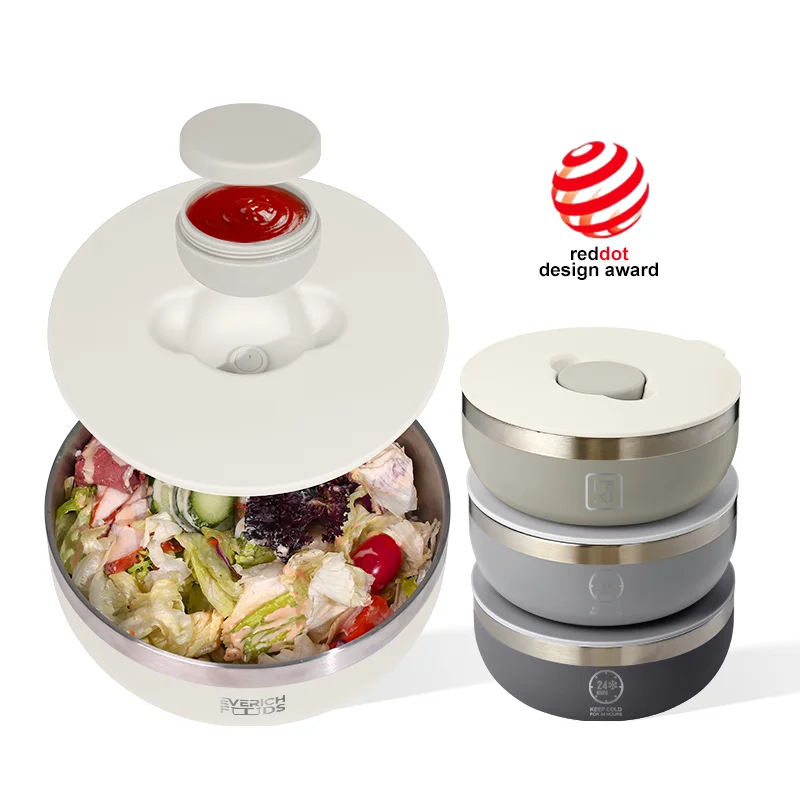 Cutstom Logo Color Insulated Stainless Steel 18/8 Salad Bowl for Food Storage with Magnetic Sauce Box