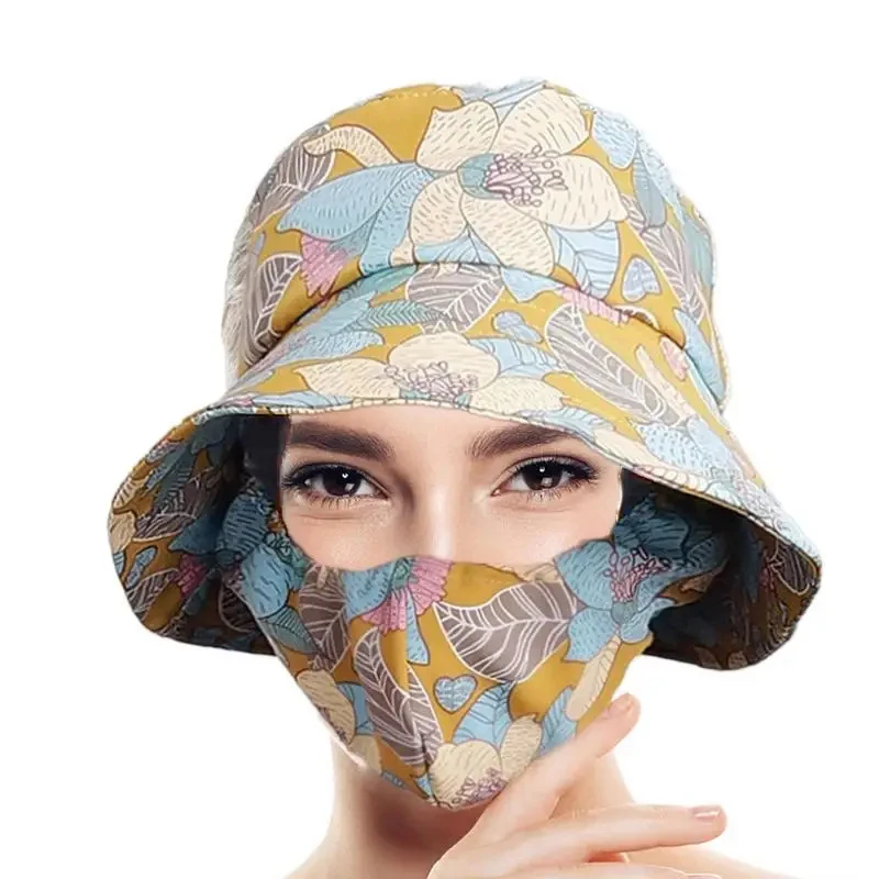 Spring Summer Outdoor Sunscreen Breathable Flower Print Cap For Women Girl Sun Protection Fisherman Hats Bucket Hat With Mask