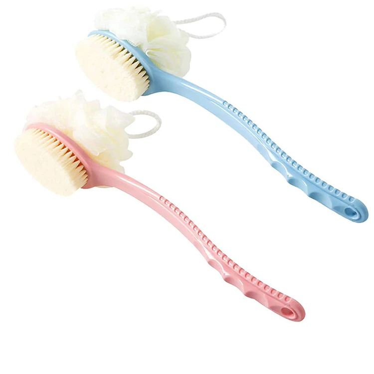 Bath Brush with Bristles and Loofah Back Scrubber Mesh Sponge with Curved Long Handle for Skin Exfoliating