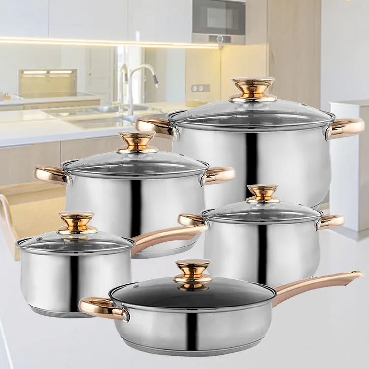Amazon Hot Sale Gold Plated Handle Stainless Steel 6 piece 12pcs Cookware Kitchen Cooking Milk Pot Stew Pot