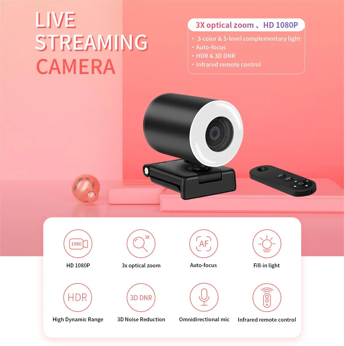 HD88-3X  Small Video Camera for Live Streaming & Audio Conference System with Microphone  Fill Light and Beauty Effect