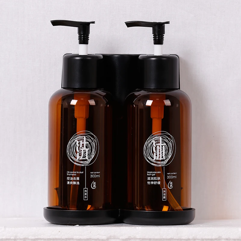 Factory Wholesale Hotel Black Soap Dispenser Plastic Manual Bathroom 300ml Double Hand Shampoo Shower Soap Liquid Dispenser Set