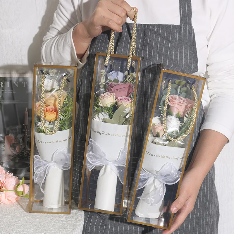 Flowers Gift Handbag Wedding Gift Box with Transparent Window Wedding Anniversary Finished Silk Flower Bouquet