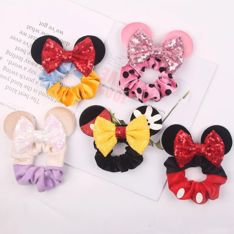 Kids Hair Accessories Trendy Character Princess Sequins Hair Bow Mouse Ear Velvet Women Scrunchies Hair Band For Girls Head Wear