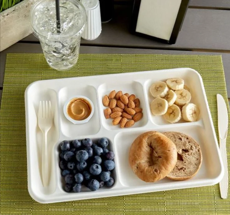 Biodegradable dinnerware sets compostable Disposable Sugarcane Bagasse 5 compartment food tray for lunch