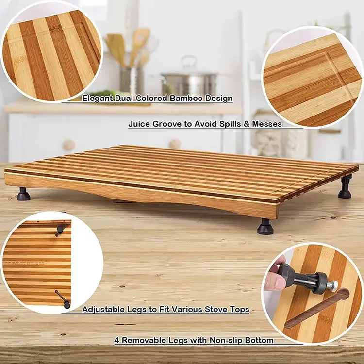Stove Top Cover Bamboo Cutting Board for Countertop Cutting Board with Adjustable Legs Chopping Board for Stovetop