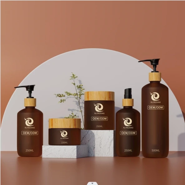 Empty Cosmetic Container 4oz 8oz Hair Oil Bamboo packaging set 150ml 250ml 500ml Amber Plastic Jar and Bottle with Bamboo Lid