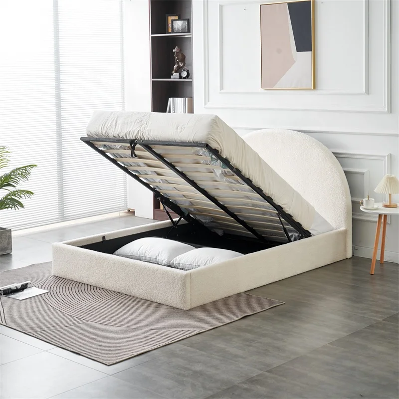 Latest design Large Storage White Gas Lift Bed Frame Custom Fabric Boucle fabric Half round headboard Upholstered Bed Frame