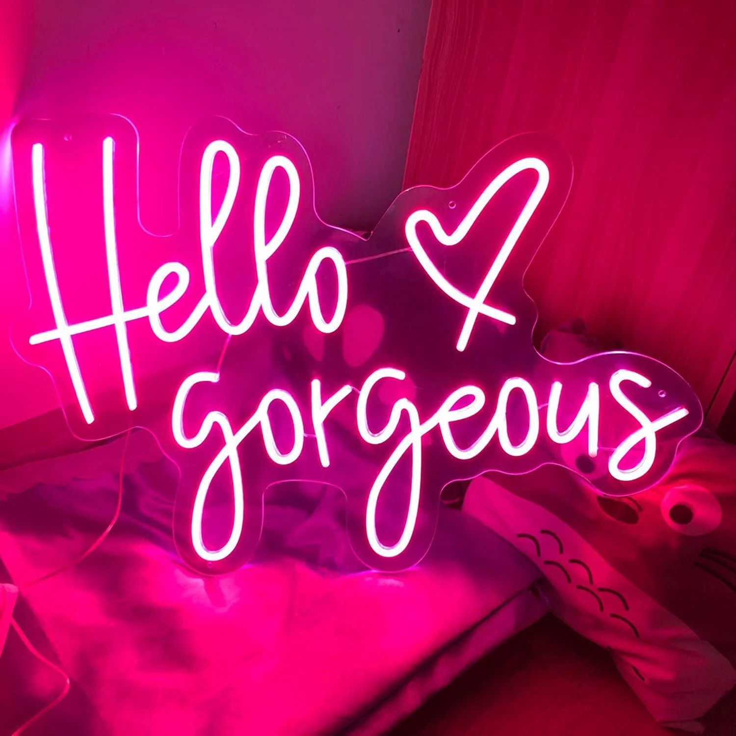 Amazon Hot Wall Art Decorations Hello Gorgeous Pink Heart Neon Sign Light Apartment Home Decor LED Neon Lights