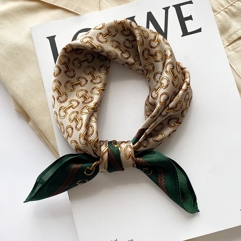 New light luxury fashion chain print small square hair bandanas 100% silk square scarf ladies 53cm mulberry silk neckerchief