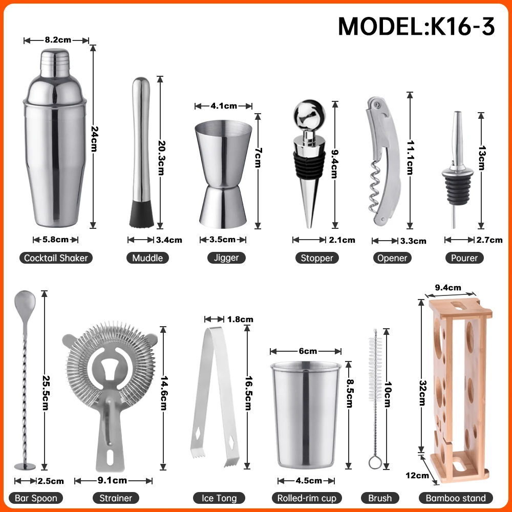 OUYADA Factory Top Seller Stainless Steel Bar Accessories Kit Cocktail Shaker Set With Stand Art Deco Cocktail Set