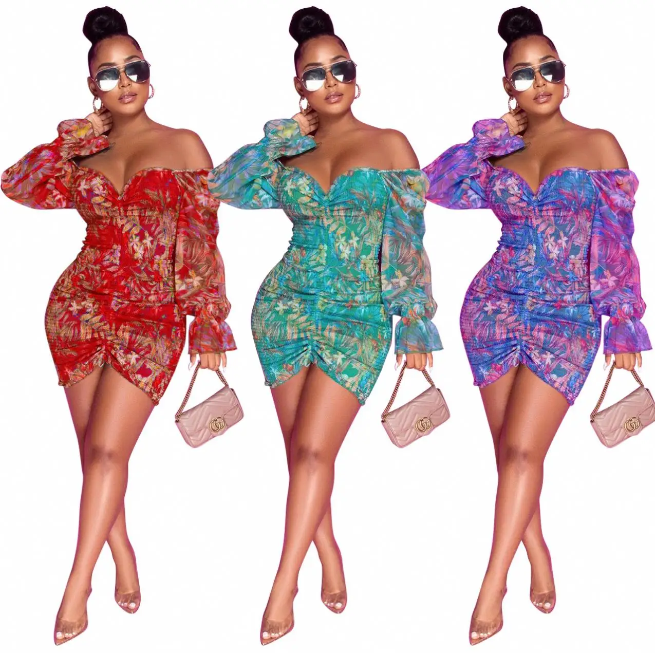 POLLY Newest Design Fashion Fared Sleeve Off The Shoulder Casual Dress Floral Print Hip Wrap Skirt Club Dresses