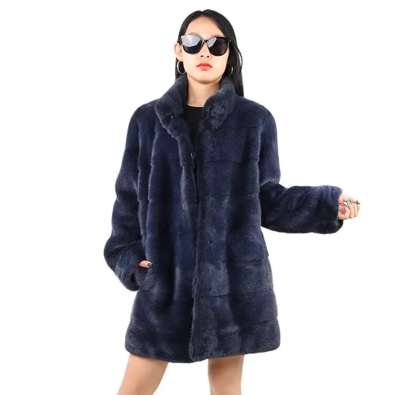beautiful women mink fur coat with mid long stand collar winter high quality new thick fluffy fur jacket