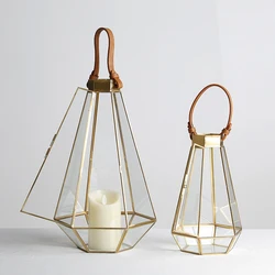 European Vintage Safe Gold Candlestick Holders Tea Light Geometric Table Lantern Clear Glass Hurricane Lantern Candle Holders