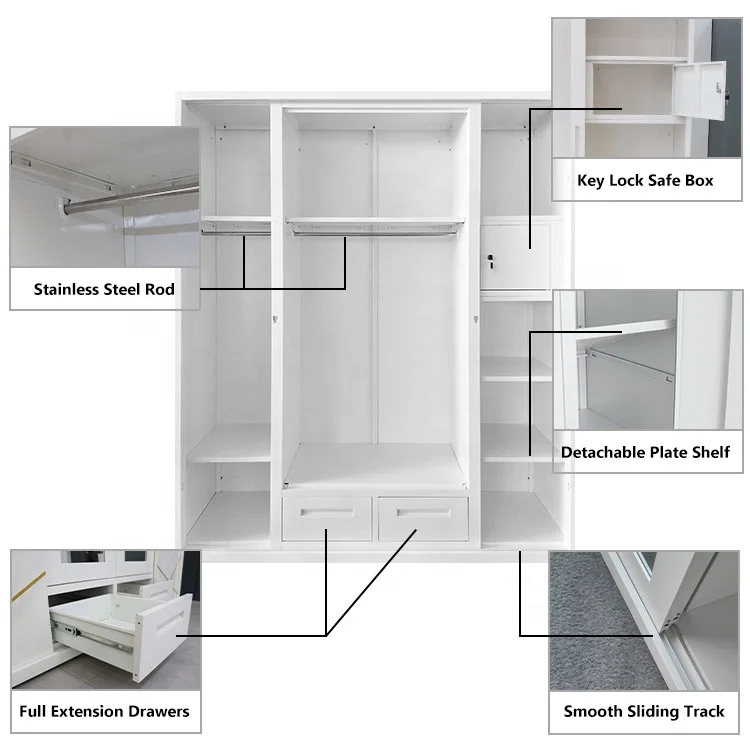 armoire almirah storage simple design 4 sliding couple cloth closet bedroom furniture steel metal wardrobes with mirrored doors