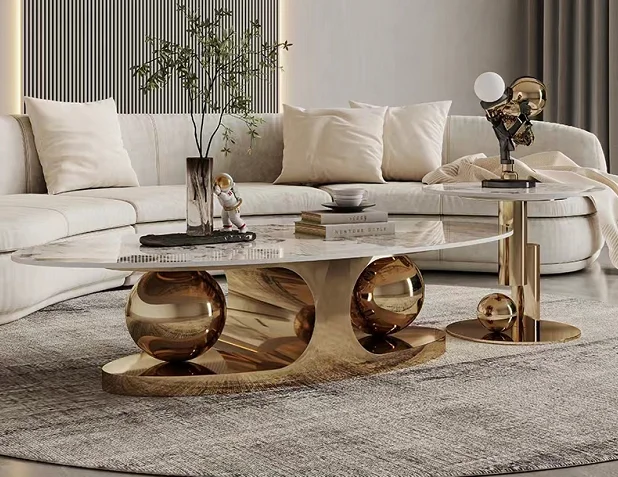 High Quality Luxury Coffee Table Modern Living Room Furniture Style Marble Top Metal  Coffee Table