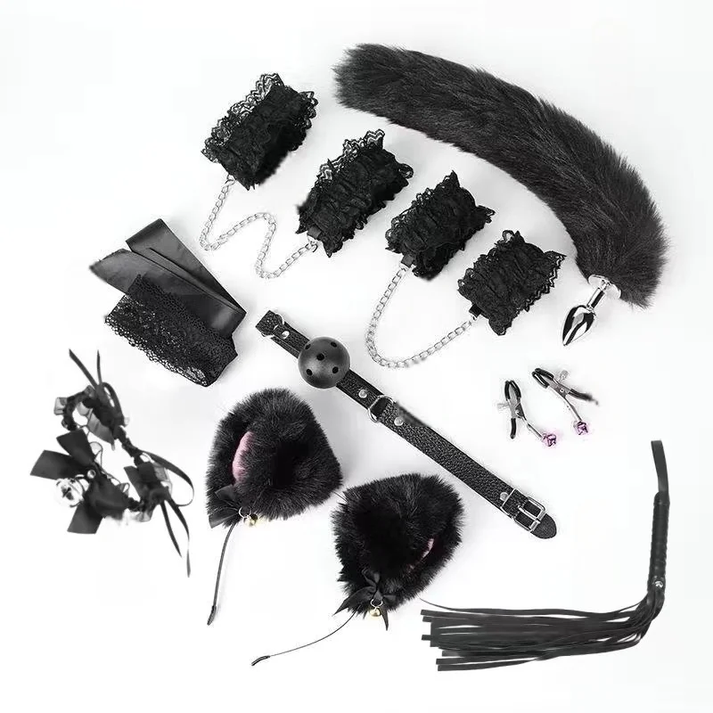 SM Lace Fox Sex 9 piece set handcuffs anal plug mouth plug collar breast clip leather whip eye mask adult products