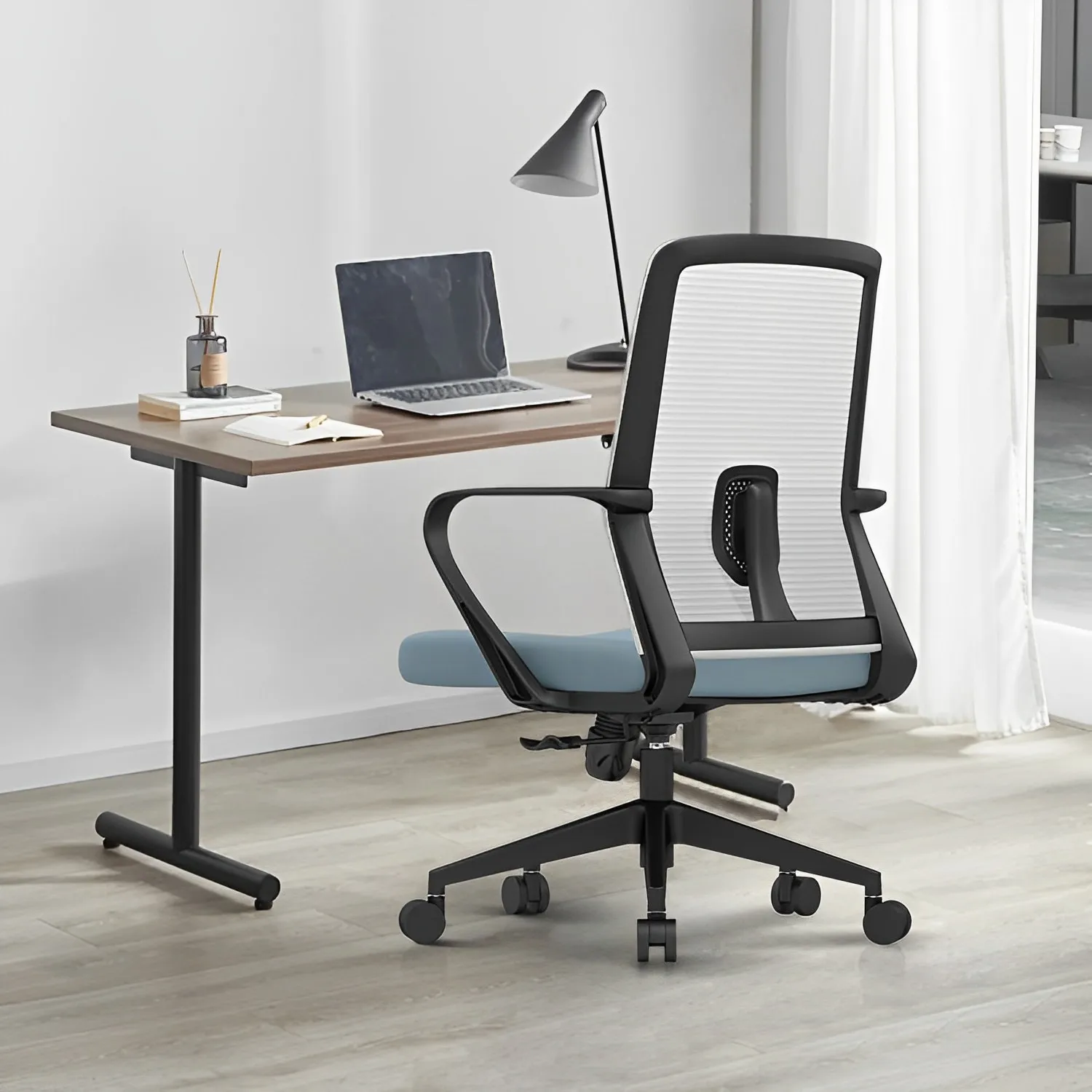 Ergonomic Design Fixed Armrest Black Frame Mid Back Commercial Office Furniture Staff Mesh Chairs For Conference Meeting Room