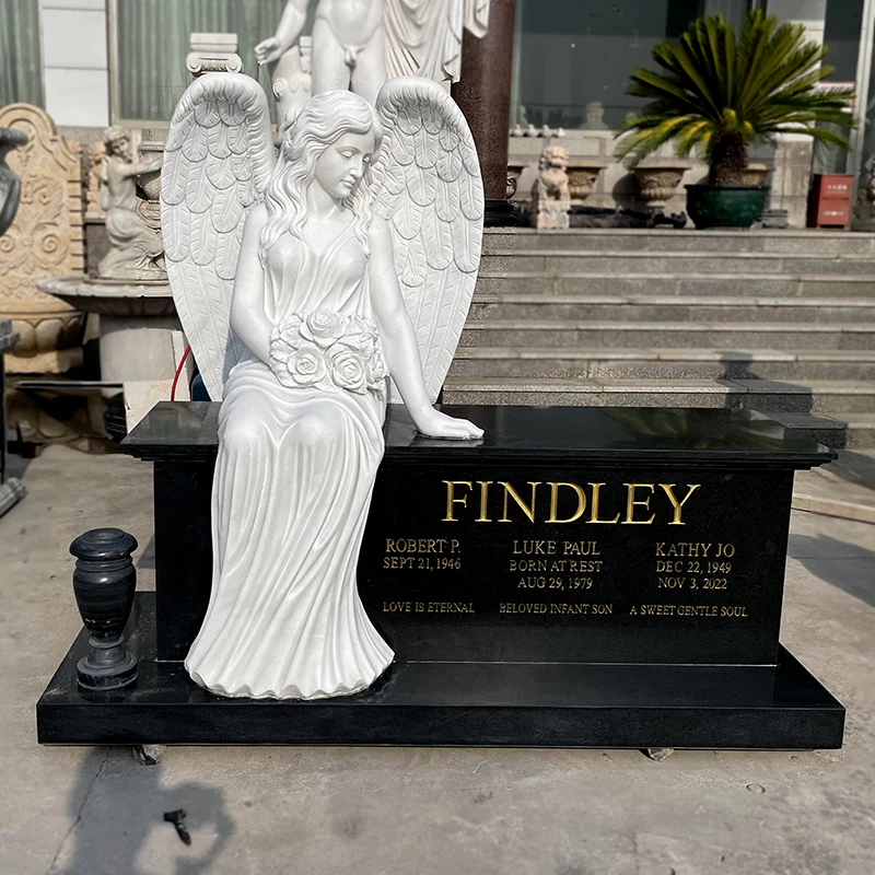 Customized Marble Tombstones Beautiful Sitting Angel Statue Monument For Cemetery