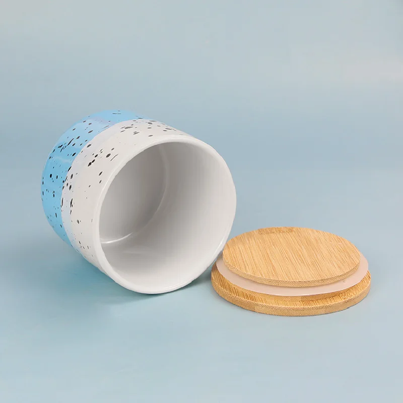 Custom kitchen food tea coffee sugar canister ceramic sealed storage jar set with wooden lid