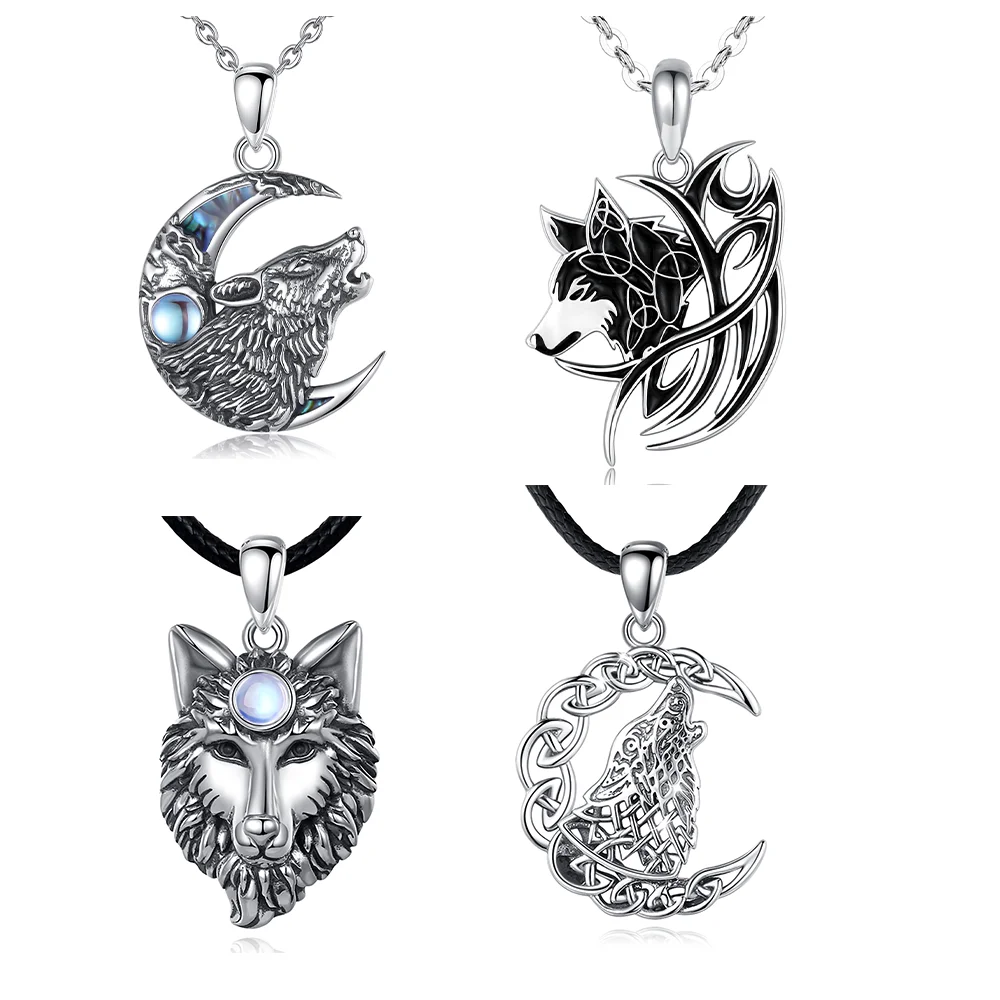 925 sterling silver celtic crescent moon animal howling wolf pendant necklace for women
