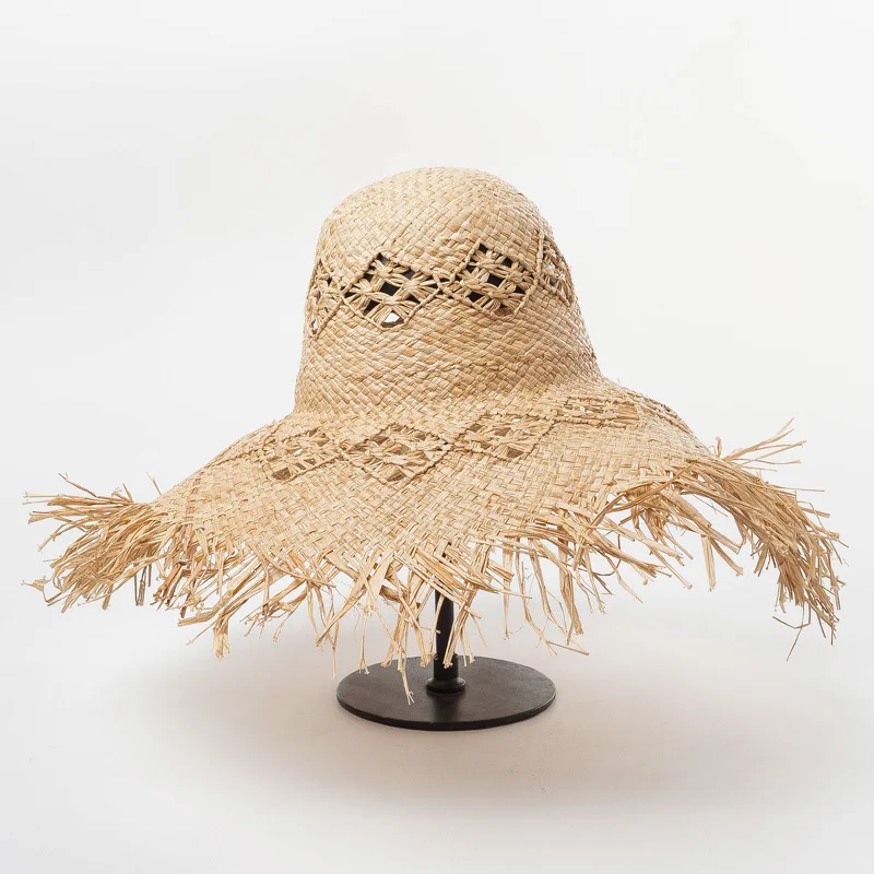 Hollow Design Pattern Summer Fashion Girls Floppy Big Brim Women Lady Beach Raffia Straw Hat with Frayed Brim
