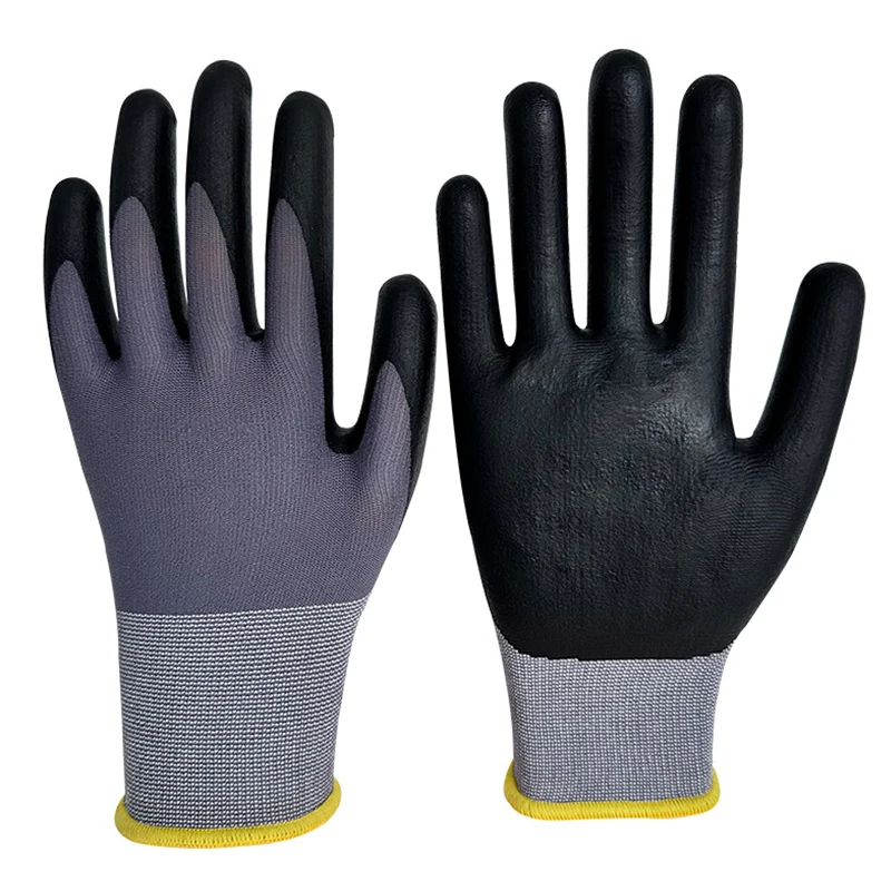 15 Gauge Grey Nylon and Spandex Knitting Black Nitrile Foam Palm Coated Gloves