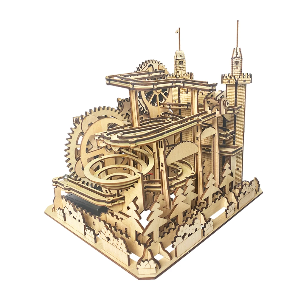 Wooden Castle Mechanical Gear Marble Running Track 3D Wooden PuzzleS Educational Toys for Kids and Adult