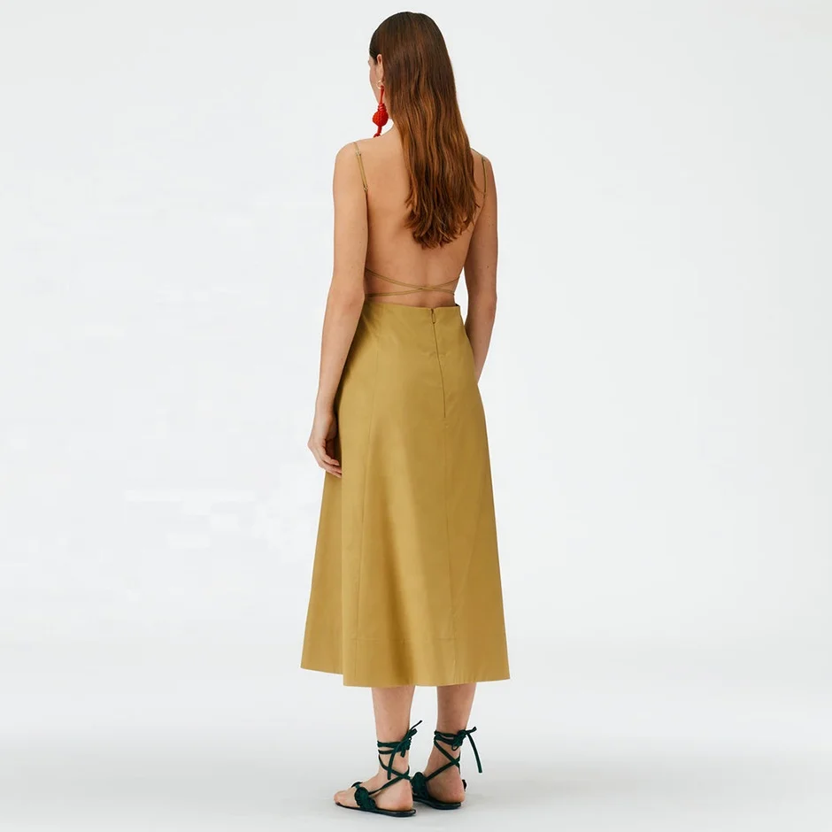 New Linen Sexy Backless Wrap and Tie Dress Women Korean Dress Bodycon Summer Casual Dresses Natural OEM Service Woven Midi