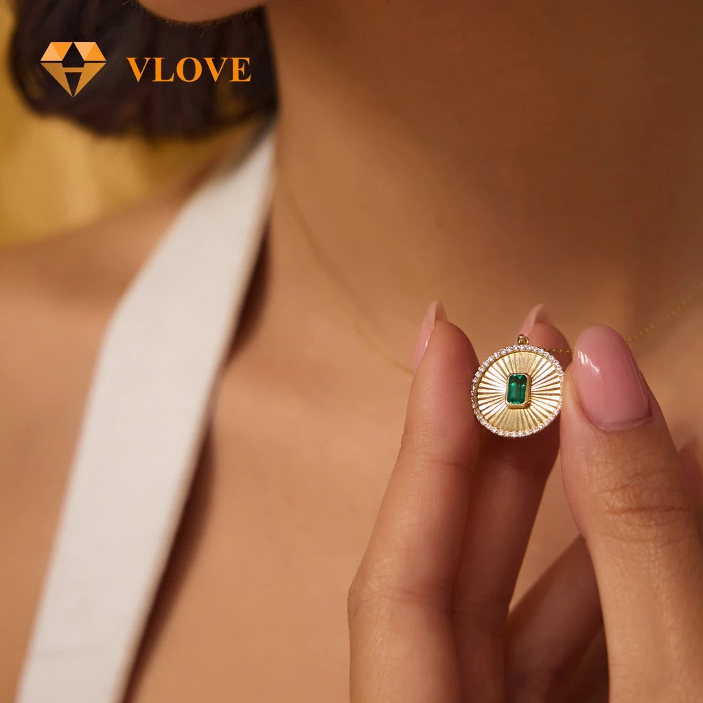 VLOVE Charm Jewelry Diamond Necklaces Jewelry 14K Emerald and Diamond Medallion Necklace