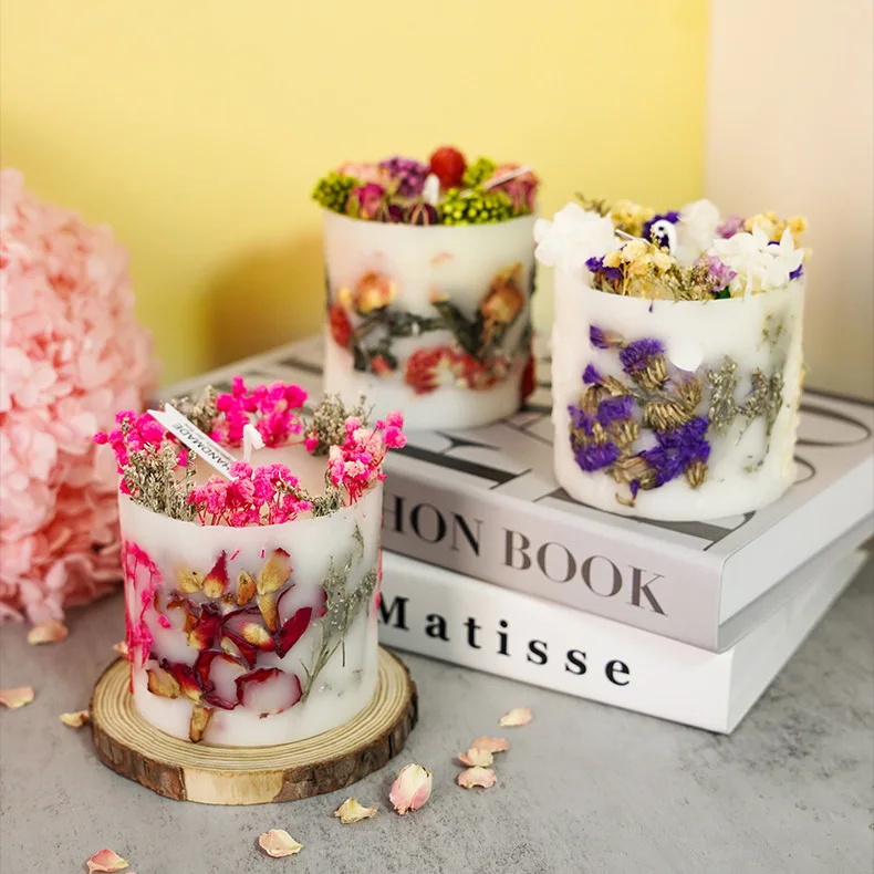 Romantic Rose Dried Flowers Cylinder Aromatherapy Luxury soy wax scented candle with  dry flower