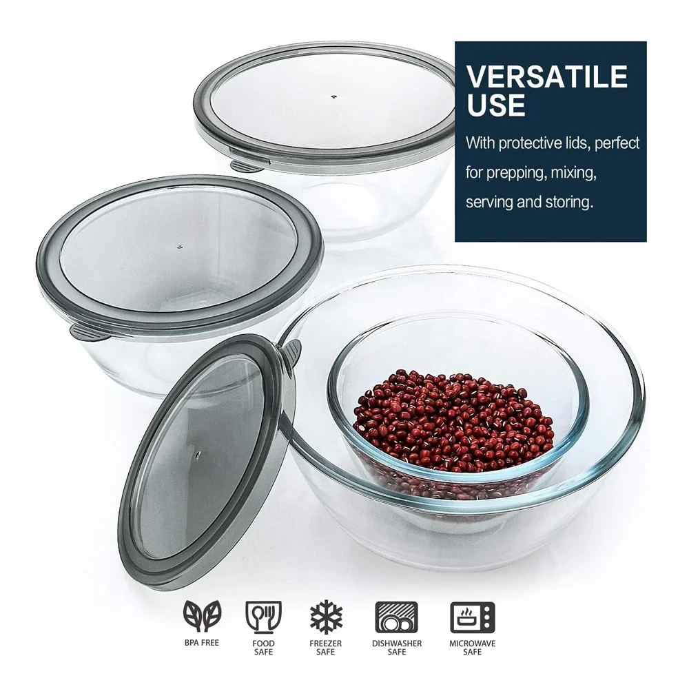 Glass Container Keep Fresh Bowls Set Round Glass Fruit Salad Bowl With Matching Plastic Lid