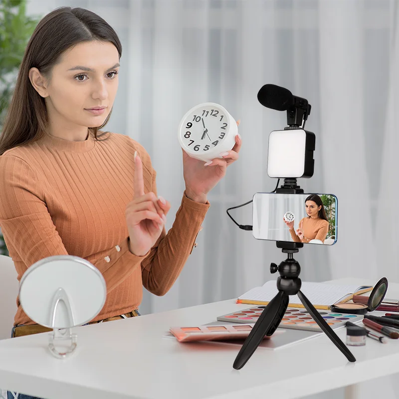 Mobile Phone Clip Tripid Mike microphone Kit Set Rechargeable Portable Conference live LED Mini Video Light Camera Fill Lamp