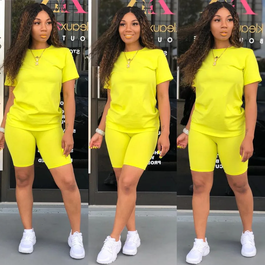 2023 fashion short sleeves neon two pieces shorts set casual 2 piece women jogger sweat pants