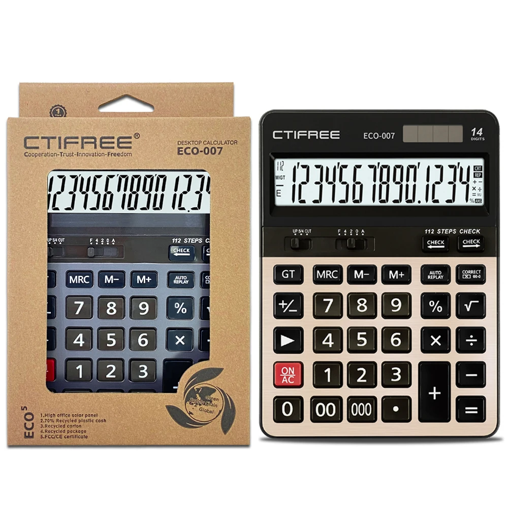 CTIFREE ECO-007 Desktop Calculator Manufacturers Customized Logo Solar Battery Led Large Display Office Financial Calculator