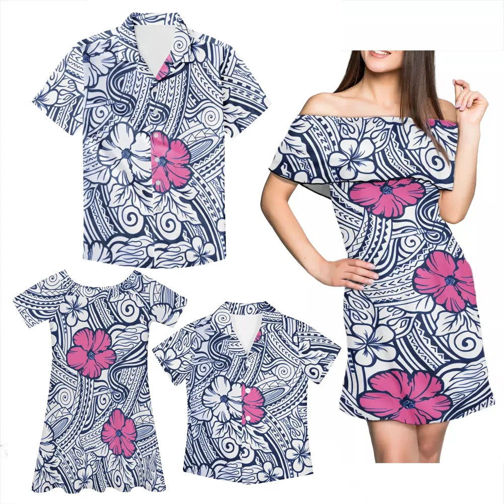 
Polynesian Tribal Stripes Plumeria Design Printed Family size 4-piece set Custom Personalize Holiday Wear 