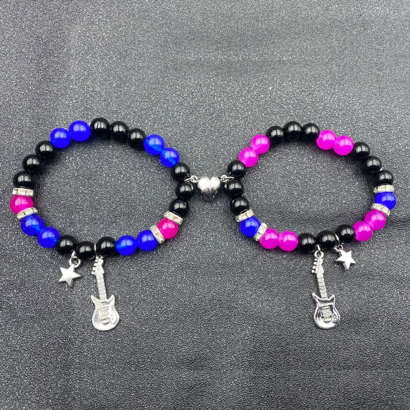 Finetoo Fashion Glass Beaded Love Heart Magnetic Couple Bracelet Elastic Guitar Star Pendant Bracelet for Women Men