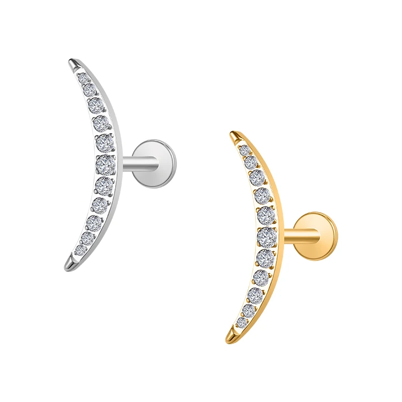 Astm F136 Titanium Push Pin Cz Labret Cartilage Tragus Daith Stud  16G Long Cz Crescent Moon Labret