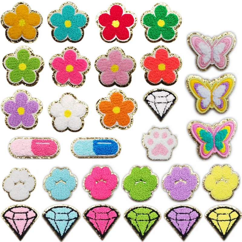 Wholesale Chenille Diamond Iron On Patches Custom Glitter Sequin Chenille Embroidery Patches Stick On For Clothes Hat