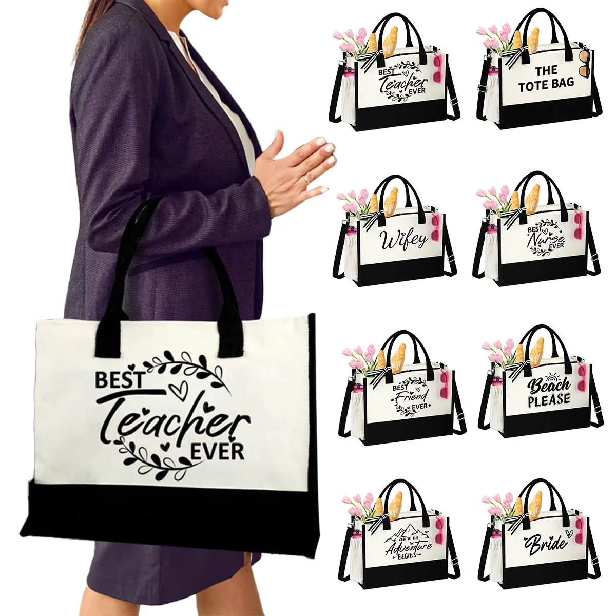 School Mother Day Teacher Gifts Custom Large Capacity Canvas Shoulder Bags Beach Shopping Tote Bag