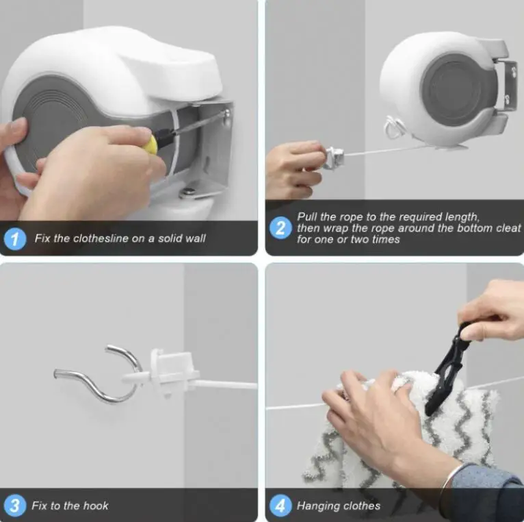 Portable Adjustable Indoor/Outdoor Retractable Clotheslines Durable Hanging Plastic Reel to Air Dry Wet Clothes in Bathroom