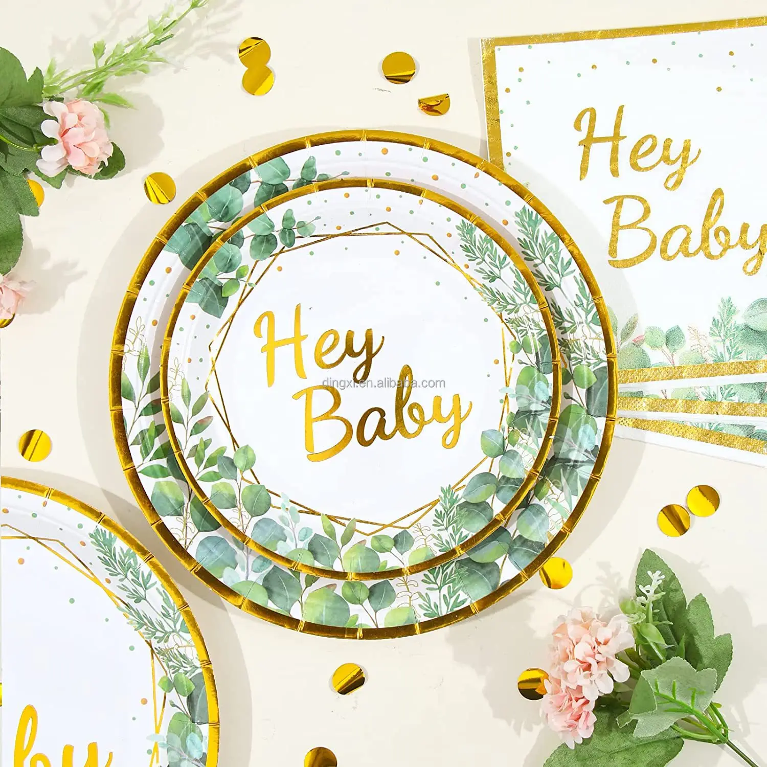 Hot selling 96pcs Baby Shower Tableware Kit Baby Cutlery Set Napkin Cup Paper Plate Sage Green Oh Baby Tableware Kit