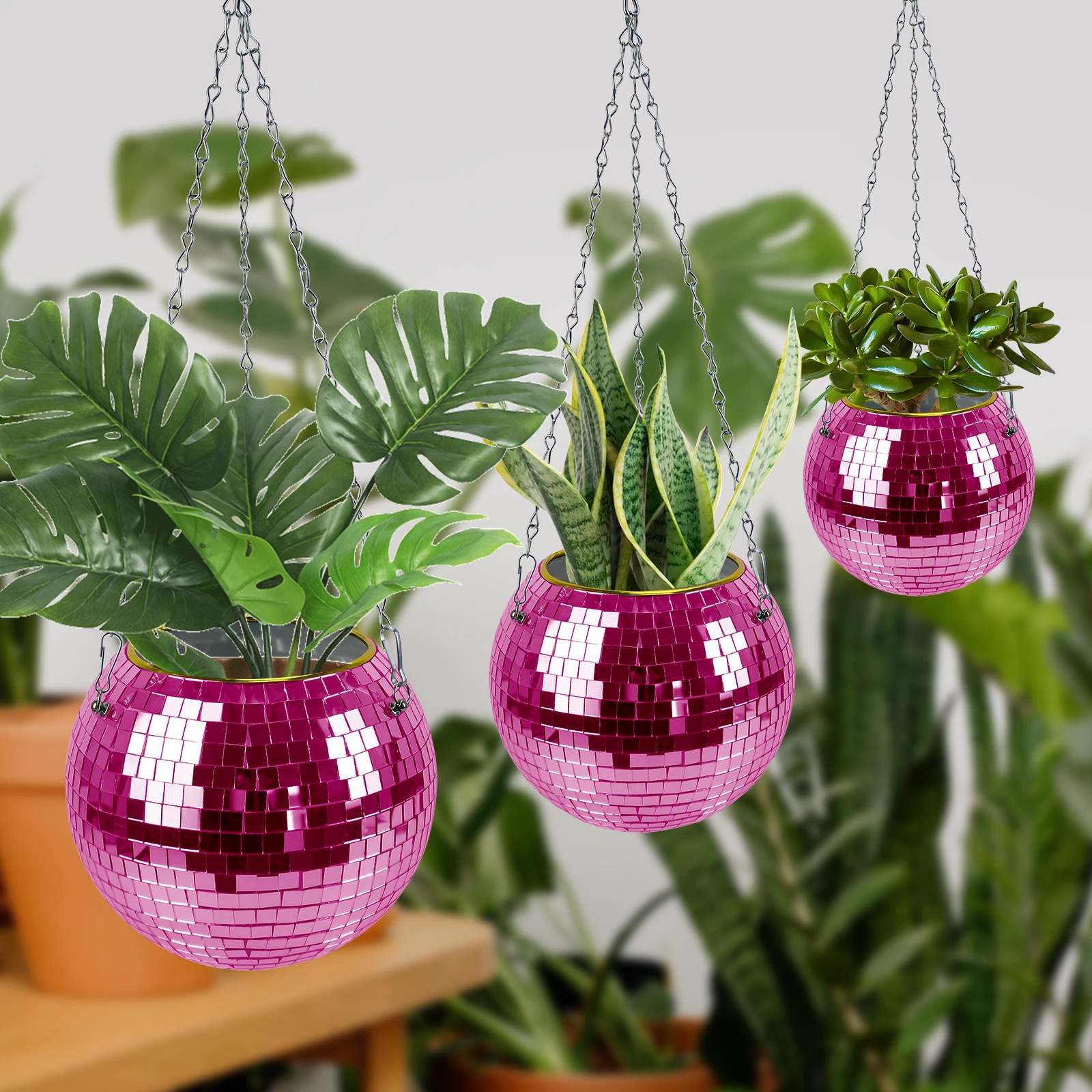 Pink Hanging Disco Ball Planter Pot Holder With Hook for indoor and outdoor
