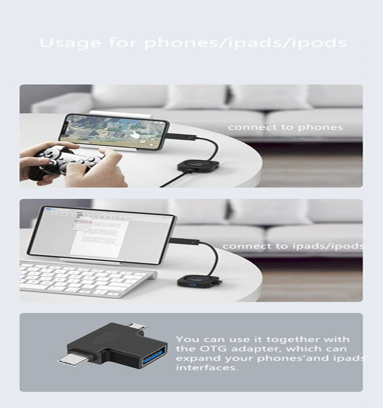 Hot Selling Factory OEM USB Type c HUB to 4 Ports USB 3.0 HUB for Computer with Micro Power Supply