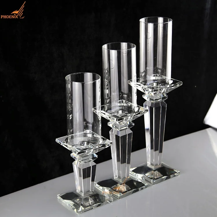 Modern cheap square base crystal pillar candlestick holder wedding table centerpieces decorations clear candle holders set of 3