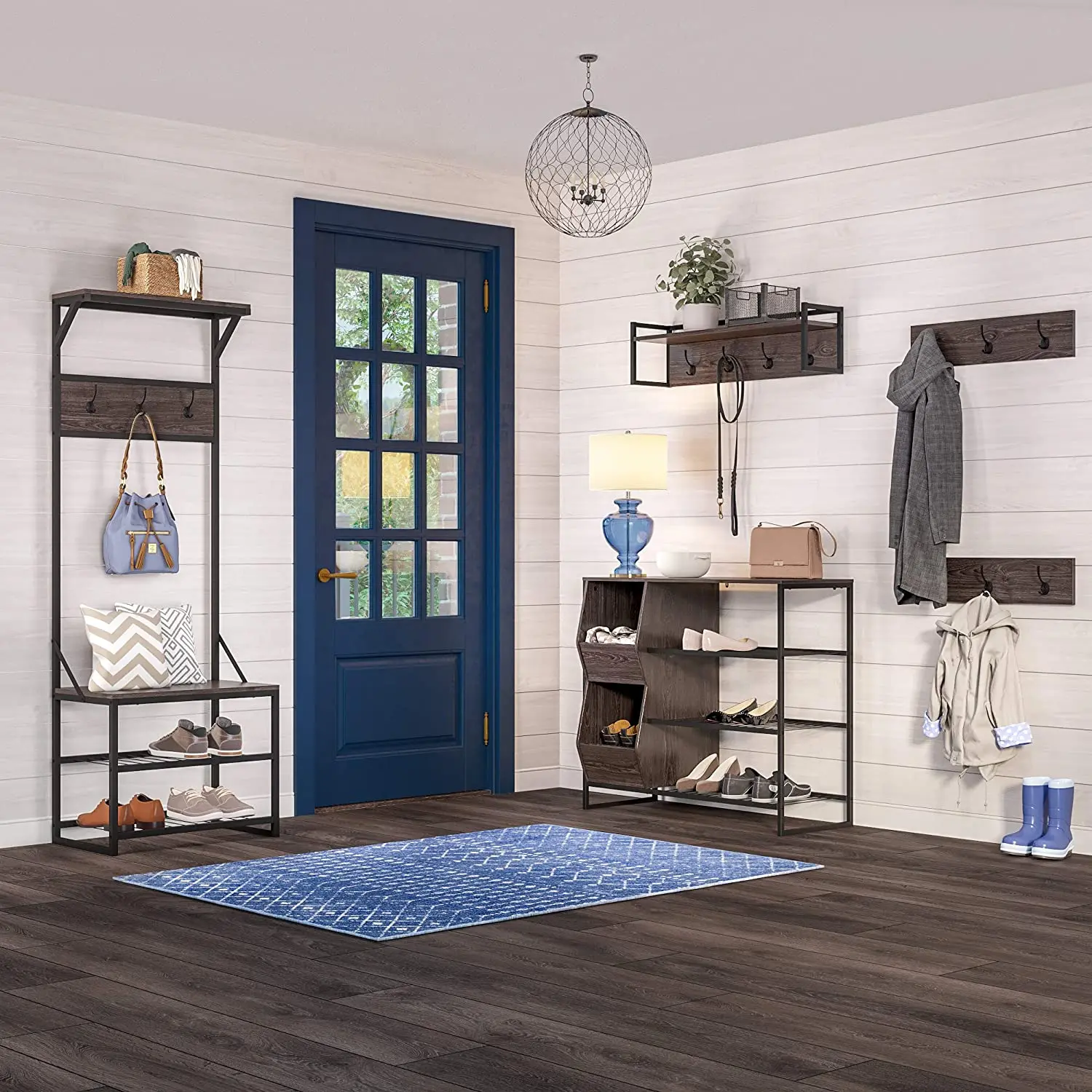 Combohome Entryway 4-Hook Metal Frame Wall Shelf Bathroom Wall Rack Wooden Clothing Shelves Bedroom Coat Rack